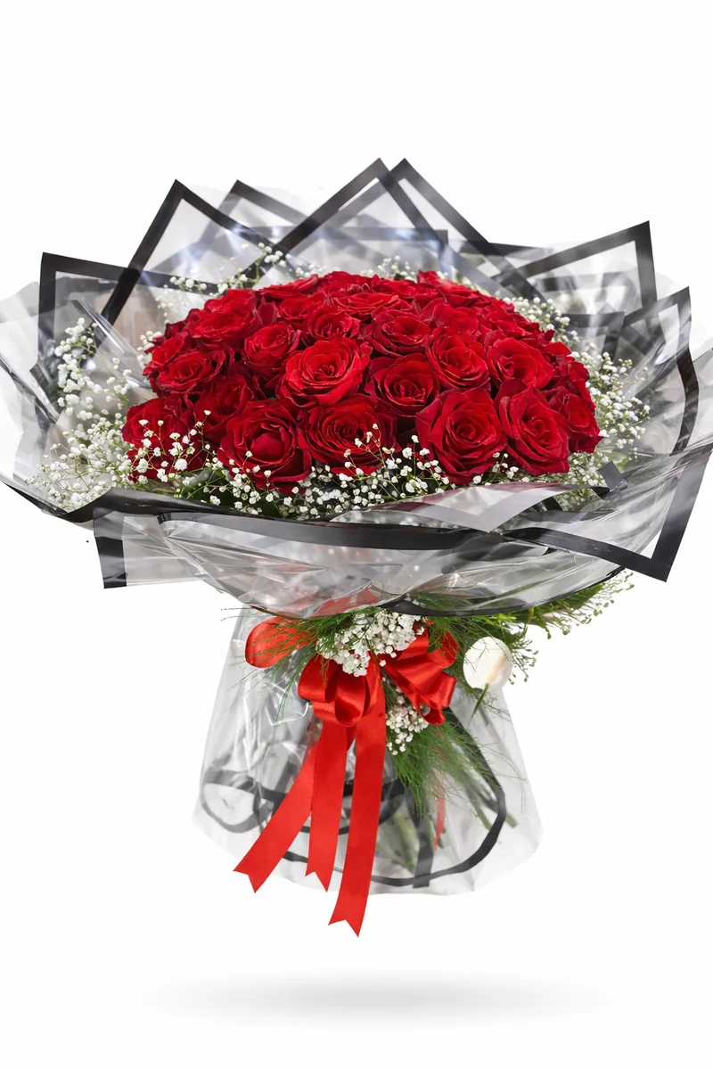 Siyah Şeritli Kırmızı Gül Buketi - Görsel 1